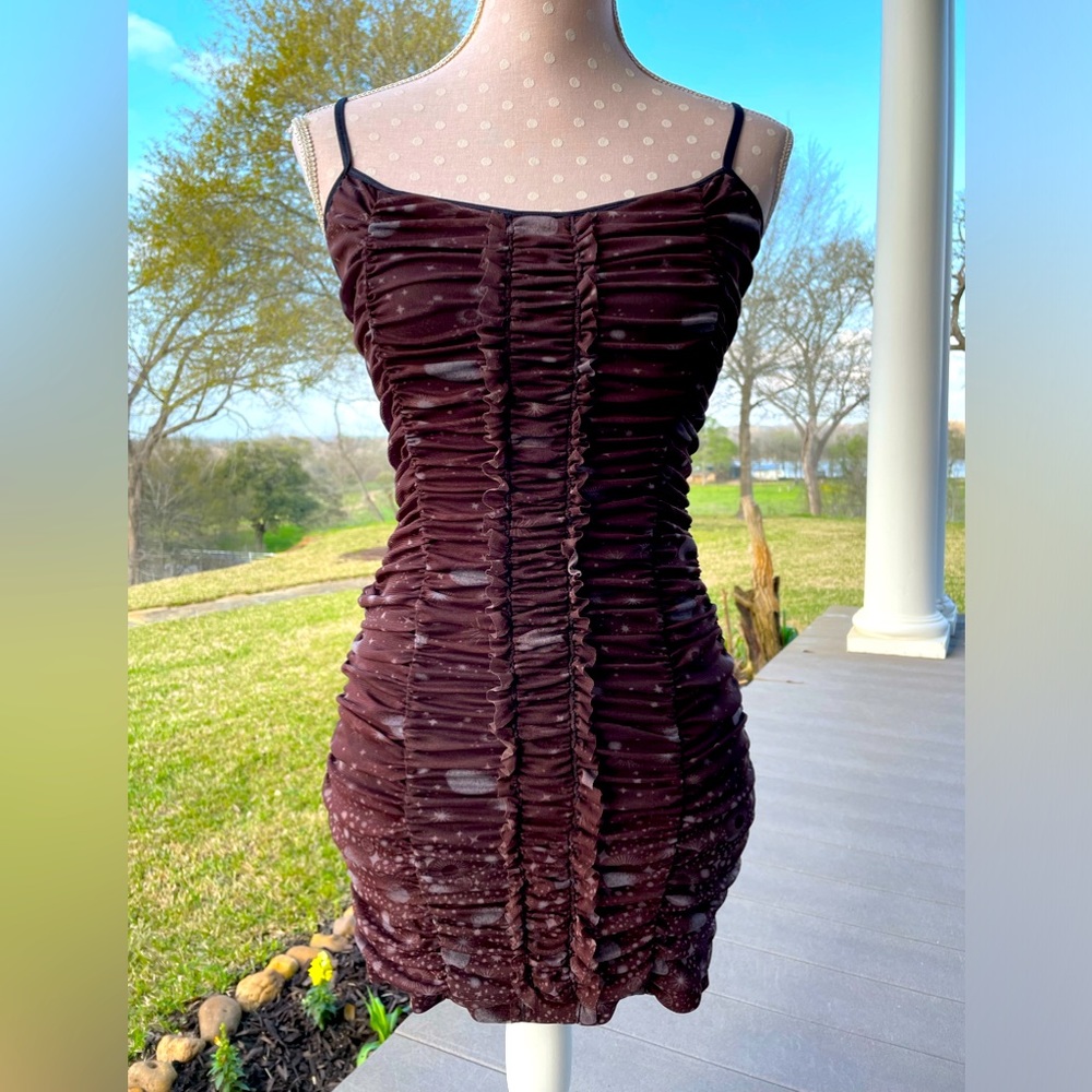 Urban Outfitters Tegan Ruched Mesh Fitted Mini Dress - Brown w/ Moon & Stars